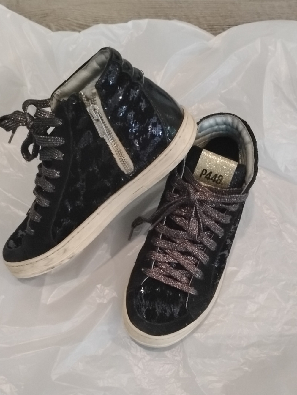P448 Women’s Black Velvet High-Top Sneakers with Silver Zip Size 36